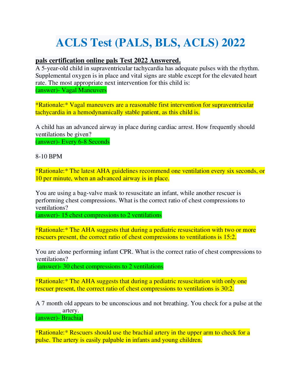 Preview image for ACLS Test Questions & Answers 2022 (PALS, BLS, ACLS)/ 50 answered with rationales PALS  Latest Exam 2022; 100% graded.